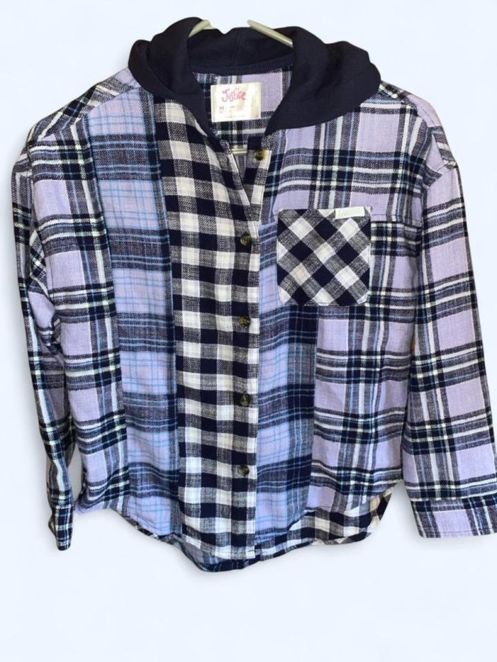 Justice Lavender and Black Plaid Hooded Button-Down Shirt